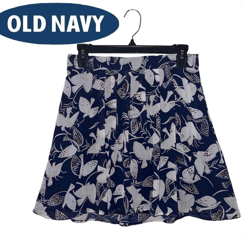 OLD NAVY Navy Blue White Dove Pleated Mini Skirt Bird Chiffon Whimsical Women XS